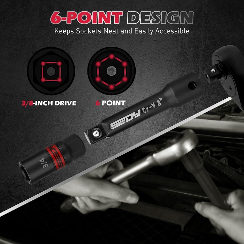 SEDY 8-Piece 3/8''-Drive Spark Plug Socket Set, Impact Spark Plug Socket Set with Magnetic Rail, SAE & Metric, 5/8-inch, 3/4-inch, 13/16-inch, 14mm, 18mm, Extension Bars, Universal Joint - Image 3